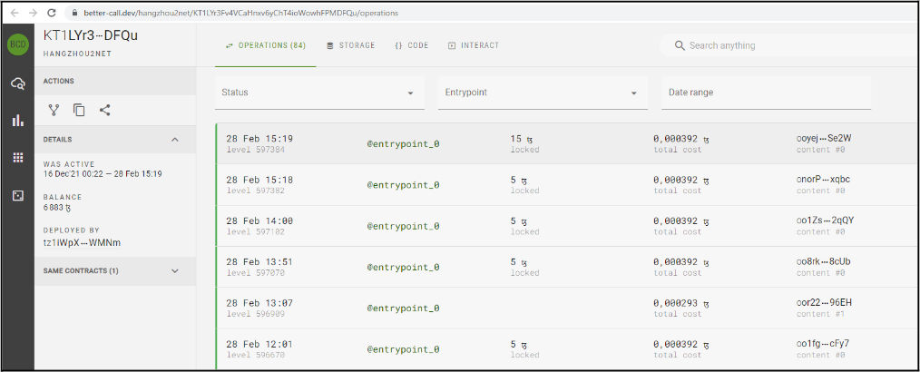 Better Call Mavryk, webpage of a smart contract with a list of operations performed by the smart contract
