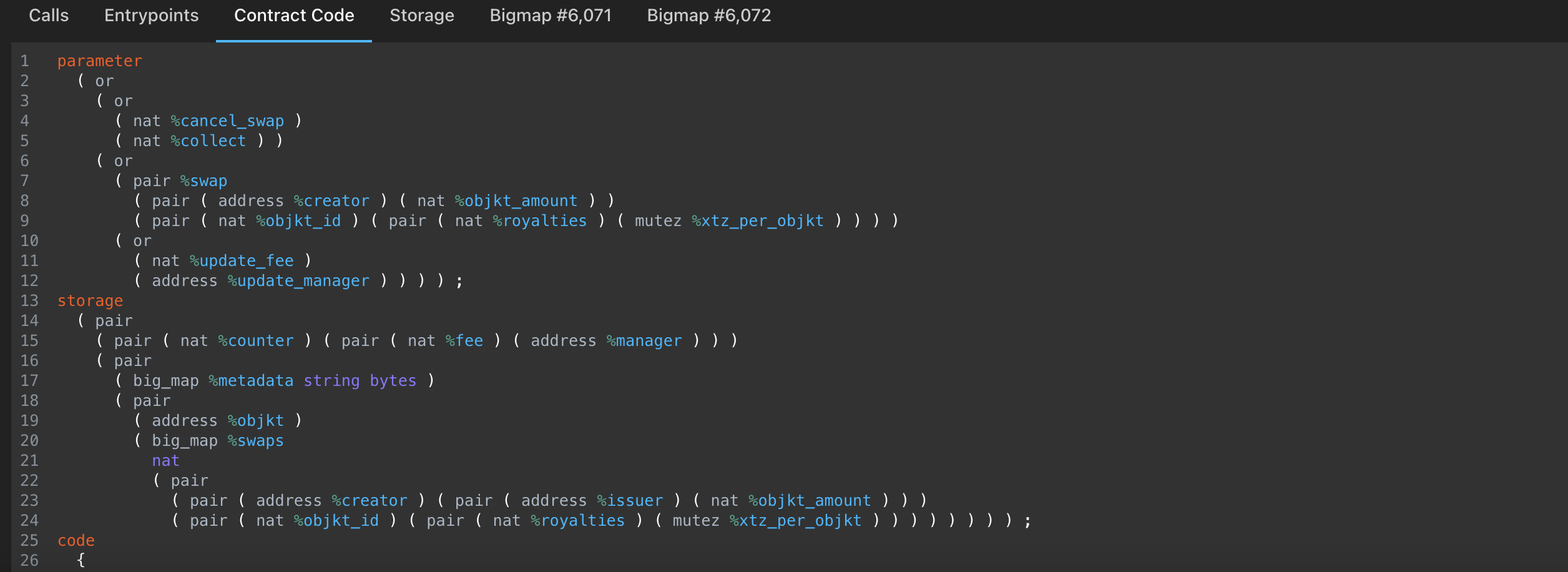 Mavryk Explorer webpage of the Michelson code of a smart contract