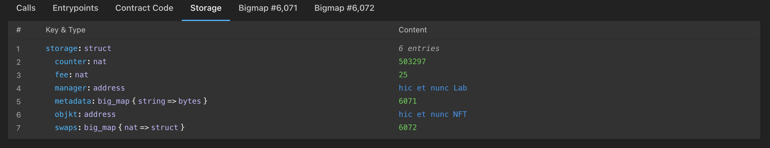 Mavryk Explorer webpage of the storage of a smart contract