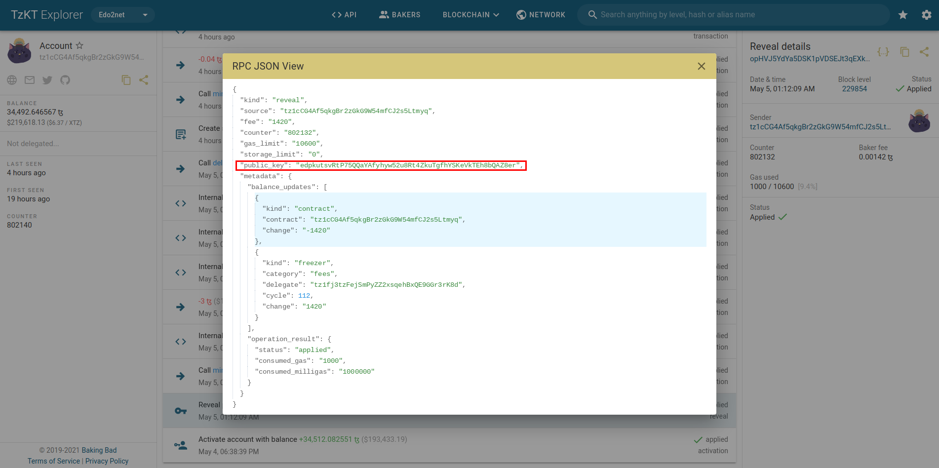 TzKt, RPC JSON view of an operation, the field &quot;public_key&quot; is highlighted