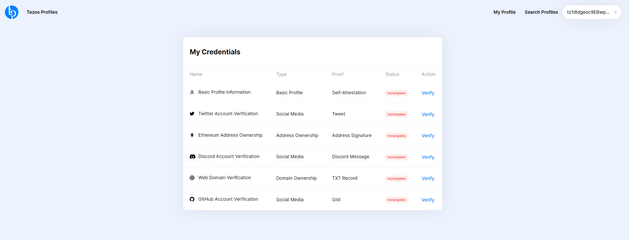 Mavryk Profiles credentials page