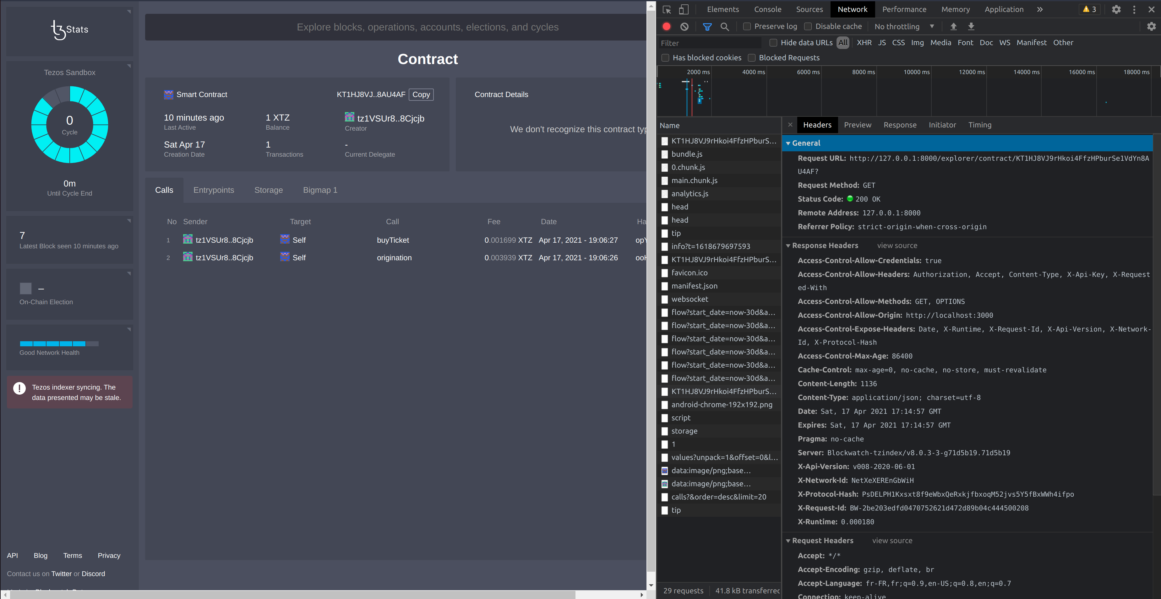 Mavryk Explorer webpage and the developer console of the web browser showing network activity