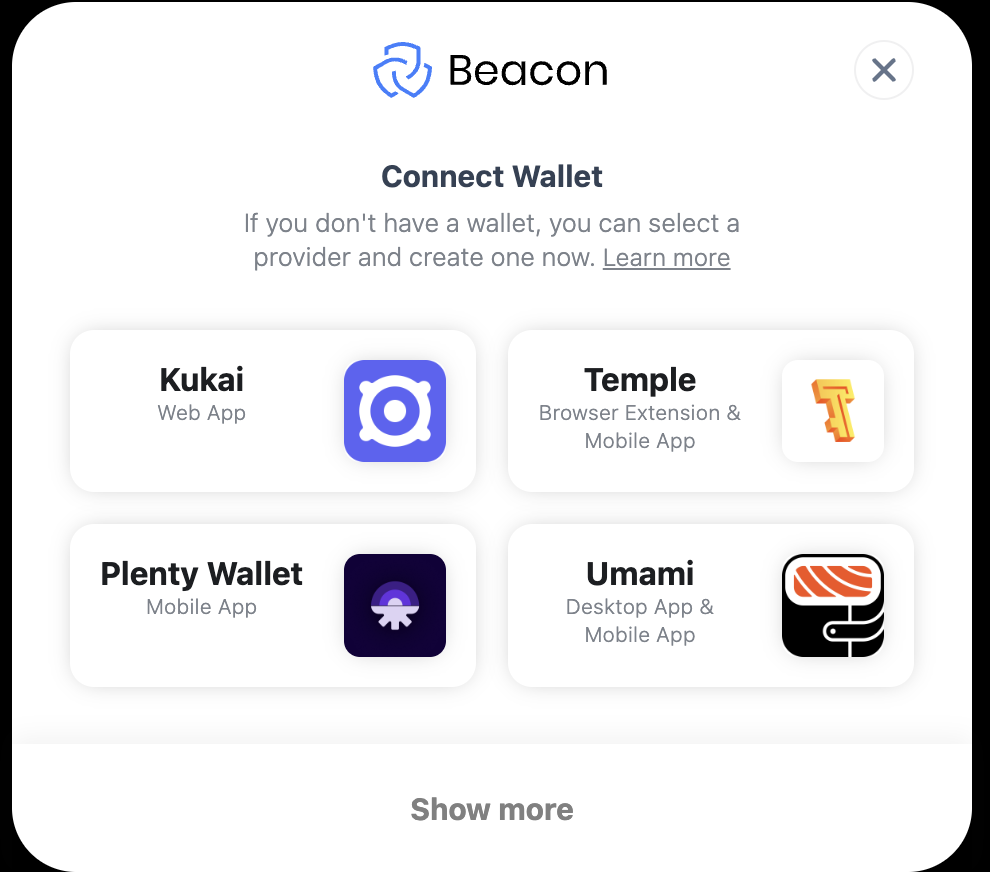 Beacon popup window with wallet types including Mavryk Wallet and Umami